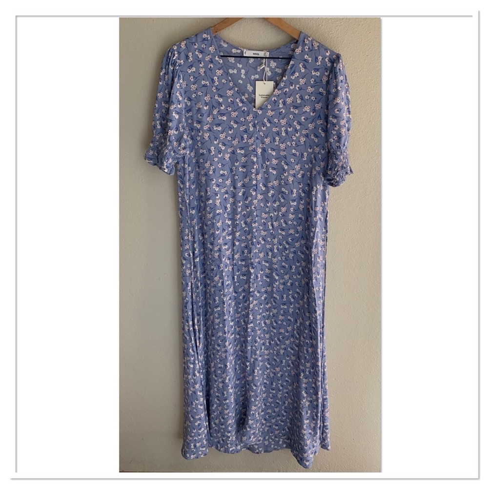 NWT Mango Flowy Printed Midi Dress Blue Medium